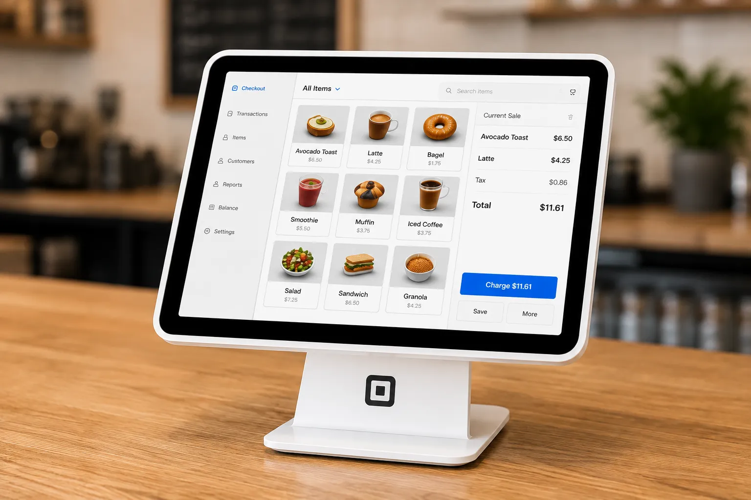 Square point-of-sale system at a café counter
